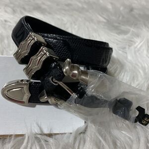 LEATHER belt black leather phyton embossed silvertone hardware UNISEX size 38